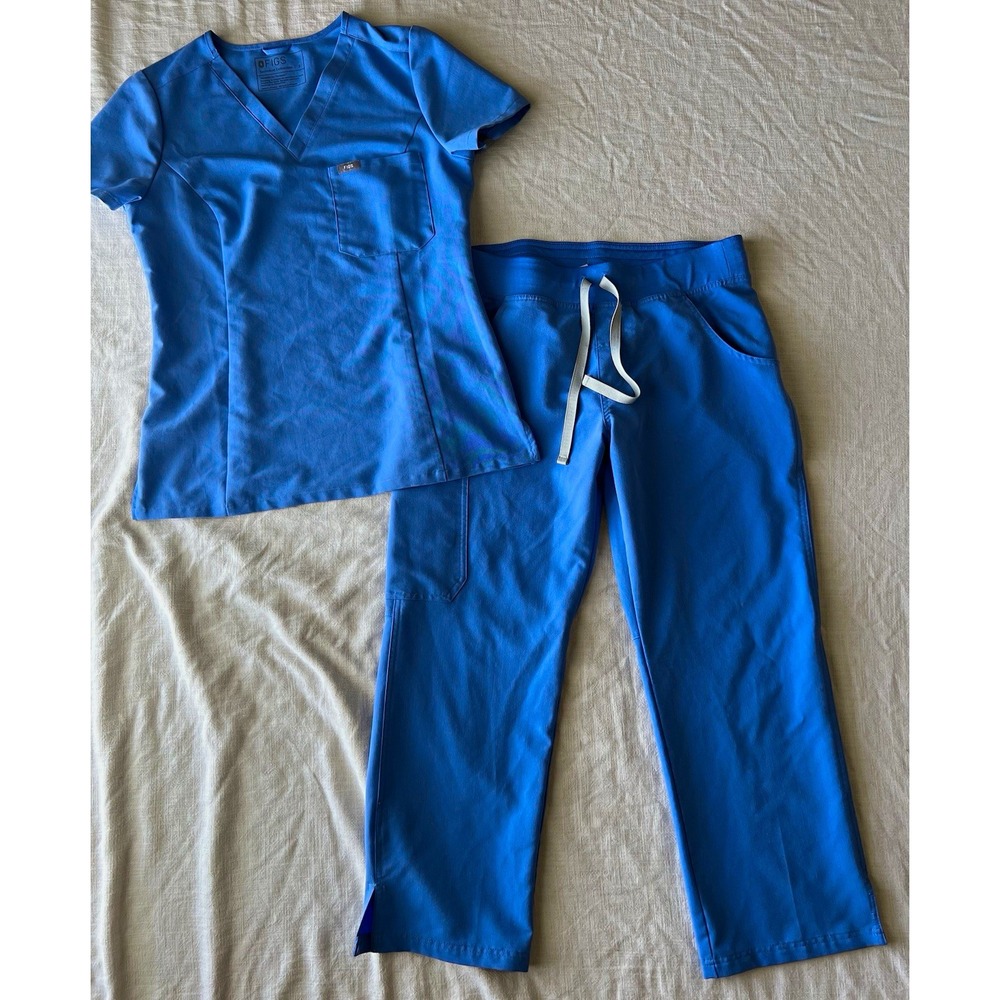 FIGS Catarina Scrub Top S slim + Kade Cargo Pants M/P Ceil Blue ALTERED LENGTH